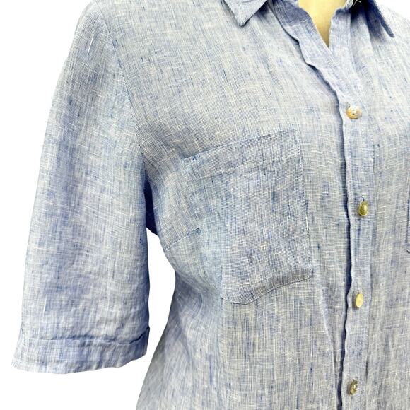 Chico’s Sz 1 Heather Blue Linen Long Line Button Front Side Slit Tunic Shirt - Picture 6 of 16